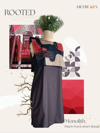 The Monolith short dress is inspired by the beauty of staying connected to what matters. The patchwork front brings contrasting tones together in harmony, creating one complete story.