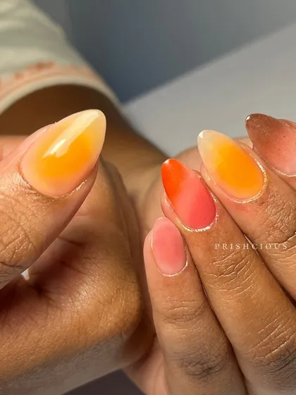 Another view of the earthy aura nails. The soft, blended centers give these nails such a gentle and elegant appearance.