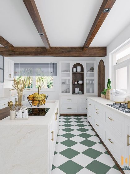 A view of the full kitchen, showing the white PU-finished cabinets, quartz countertops, and rustic wooden ceiling beams.