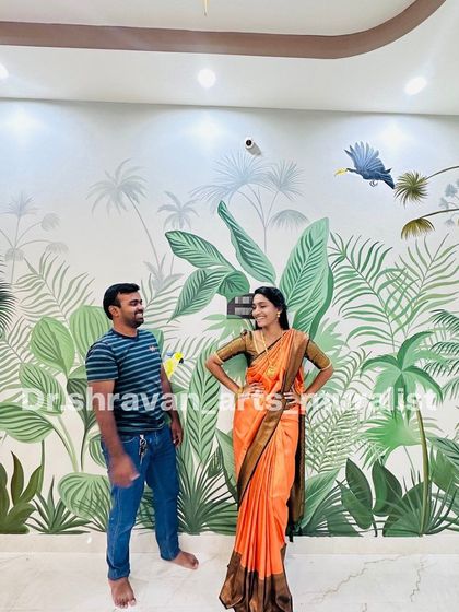A fun shot with Teja Venkatesh in front of the finished tropical paradise we created in her home.