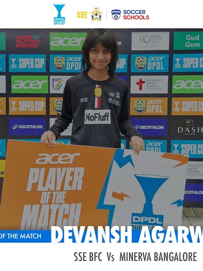 Devansh Agarwal proudly displays his Player of the Match award from the U13 DPDL Super Cup. Our players consistently showcase their talent against top competition.