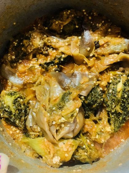 Baby bitter gourd with brinjal cooked in bamboo shoot water with dried fish and king chilli.