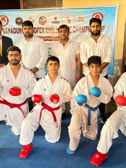 My team of fighters ready for the Bahadurgarh Open Khel Karate Championship. They are prepared and focused.