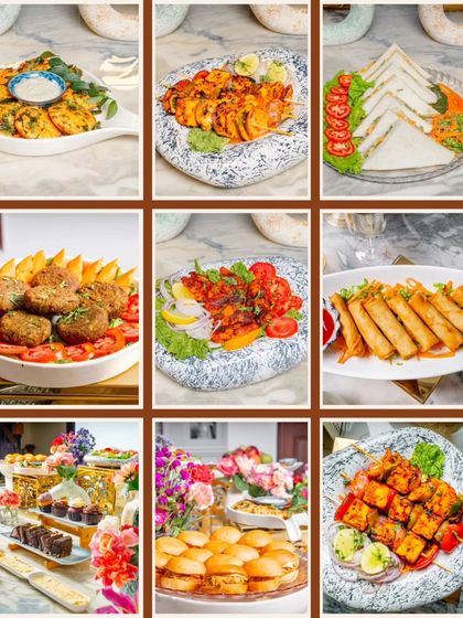 A collage displaying the wide variety of our offerings, from appetizers and sandwiches to grazing table setups.