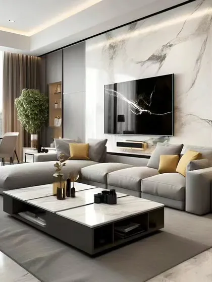 This modern living room design uses a large-format marble-effect slab as a stunning backdrop for the TV. The grey sectional sofa and matching coffee table with integrated storage complete the sleek, contemporary look.