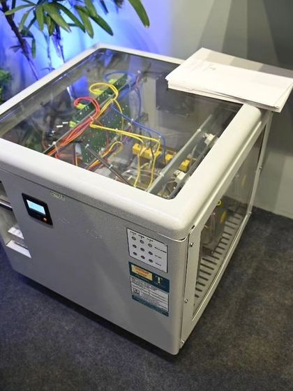 A look inside our technology. At the Smart Home Expo, we showcased a static stabilizer with a transparent top, revealing the complex wiring and engineering that goes into protecting your smart home.