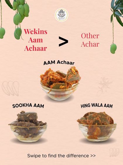 Not all mango pickles are the same. We offer different textures and flavors, from the chunky Aam Achaar to the dry Sookha Aam and the pungent Hing Wala Aam.