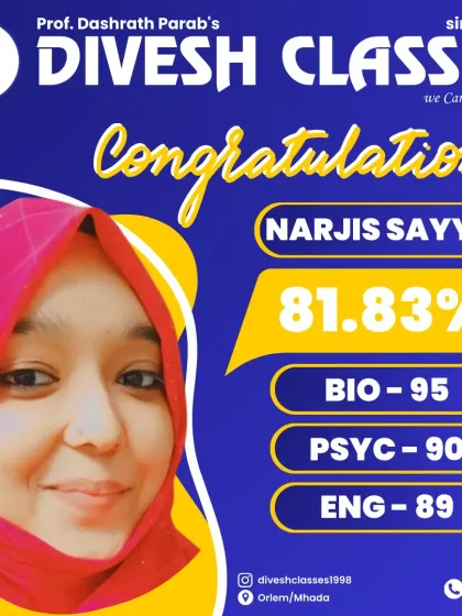 Congratulations to Narjis Sayyed for her excellent score of 81.83%. Her high marks in Biology (95) demonstrate the effectiveness of our NEET-focused coaching programs.