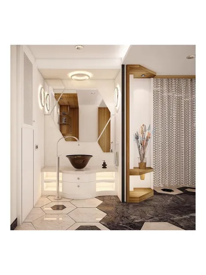 In this luxury apartment, we used a hexagonal geometric theme to create unique focal points, as seen in this bathroom. The design combines patterned hexagonal floor tiles with a minimalist counter-top basin and a floor-mounted tap, demonstrating our attention to detail and ability to execute a cohesive design concept.