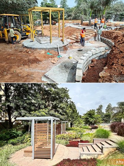 Here we see the creation of a work pod and landscaped steps. The 'before' shows the initial earthwork, while the 'after' reveals a functional and serene outdoor workspace, demonstrating how we turn challenging terrains into valuable landscape assets.