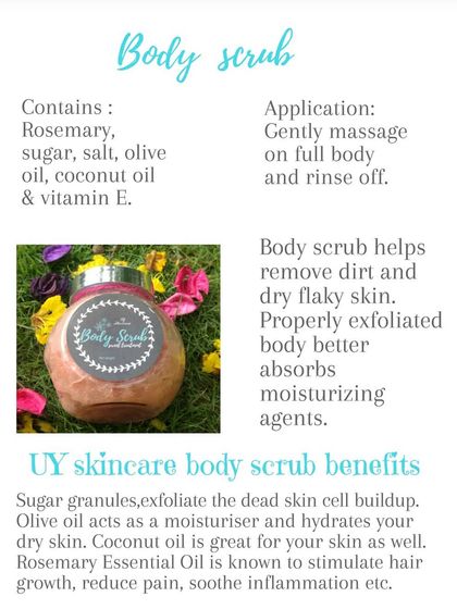 An easy-to-read graphic explaining how to use my Body Scrub and its benefits, such as improving moisture absorption.