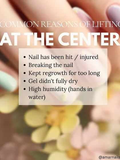 Why does gel lift in the center? This is often due to trauma, like hitting the nail, or waiting too long between refills, which puts stress on the nail.