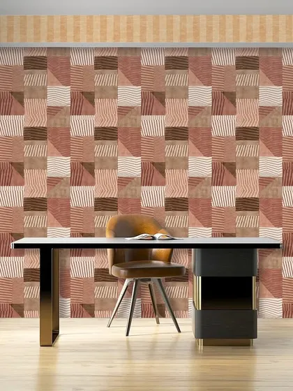 This version of the geometric block pattern uses warm, earthy tones of terracotta and brown. It creates a cozy and inviting atmosphere, perfect for a study or a creative corner.