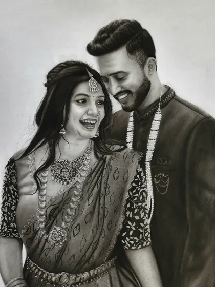 A moment of shared laughter between a couple, captured forever in graphite and charcoal. I focused on the intricate details of their traditional wedding attire and the genuine happiness in their expressions to create a timeless piece for them.