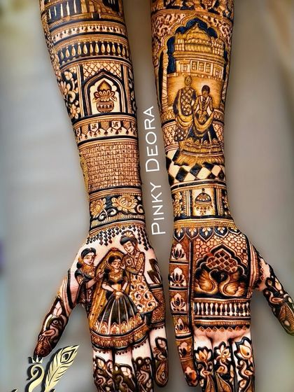 This bridal design tells a story with multiple figures, including a couple portrait and a family scene, set against a backdrop of traditional patterns.