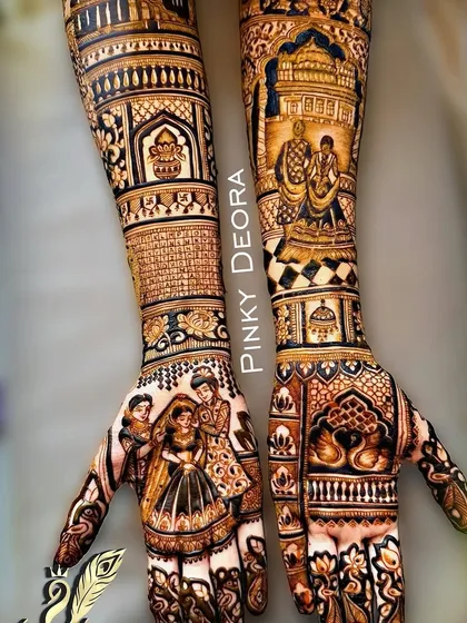 This bridal design tells a story with multiple figures, including a couple portrait and a family scene, set against a backdrop of traditional patterns.