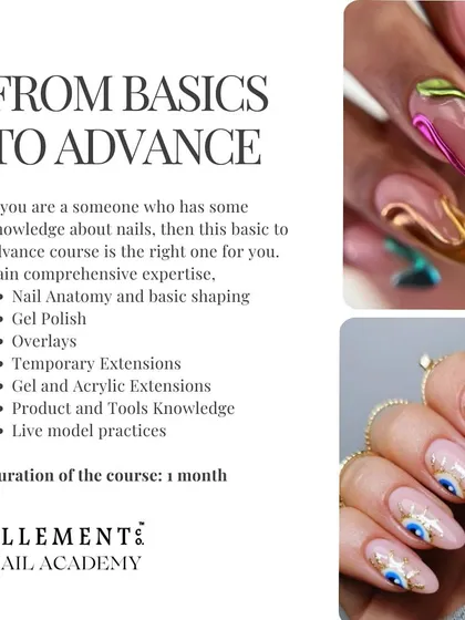 My "From Basics to Advance" course is perfect if you have some existing knowledge and want to gain comprehensive expertise. The one-month program covers everything from nail anatomy to live model practice.