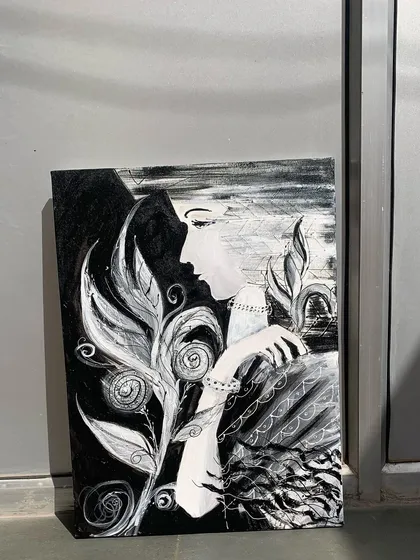 The finished black and white portrait, "Touch," standing on its own. This piece is about perception and the senses beyond sight, rendered in a powerful monochromatic style.