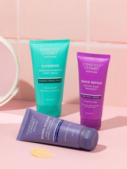 A classic bathroom shelf setup. We styled these colorful body care tubes with a mirror against a pink tile background to create a realistic and aspirational scene that customers can easily imagine in their own homes.