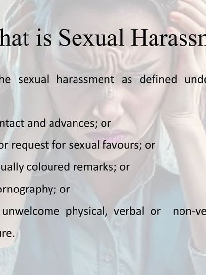 A detailed breakdown of Section 2(n) of the POSH Act, which defines sexual harassment. The training covers physical contact, demands for sexual favors, sexually colored remarks, showing pornography, and other unwelcome conduct of a sexual nature.