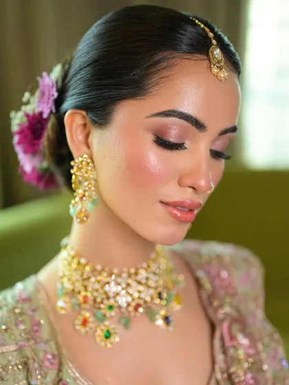 This is my signature soft glam. This close-up showcases the neutral eyeshadow, soft rosy lips, and luminous skin that so many of my brides ask for. It's a timeless look that feels fresh and modern.