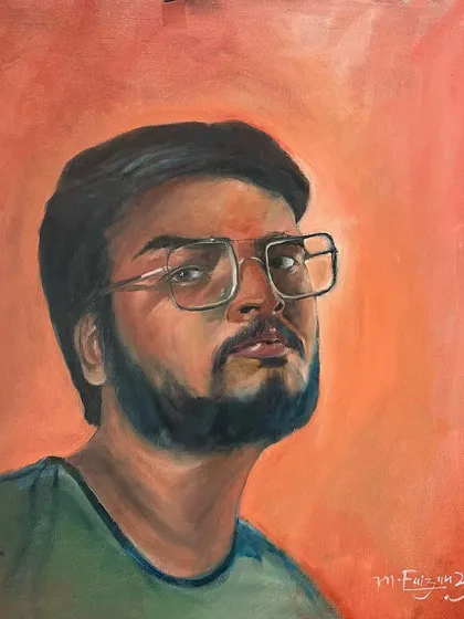 This is a self-portrait I created in oil colours that won an award from The Art Society of India. I played with a warm, saturated background to make the portrait pop, focusing on a realistic yet expressive representation.