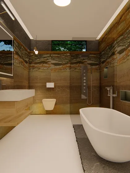 This bathroom is enveloped in earthy, stratified stone, creating a cave-like, natural sanctuary. The freestanding tub and floating vanity with a vessel sink add a touch of modern simplicity to the rustic space.