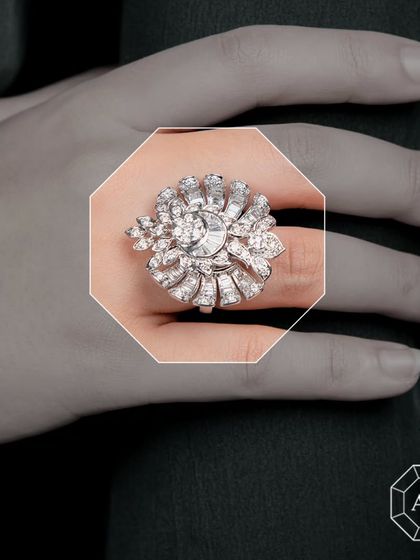 This stunning white gold statement cocktail ring features a captivating mix of round diamonds, sleek baguettes, and uniquely shaped diamonds.