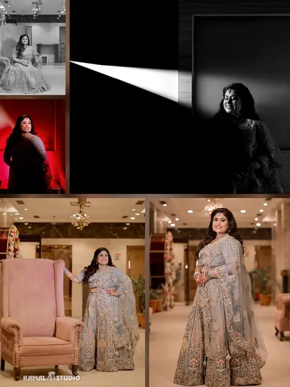 A collection of the bride's solo portraits in her powder blue lehenga, showing her confidence and style.
