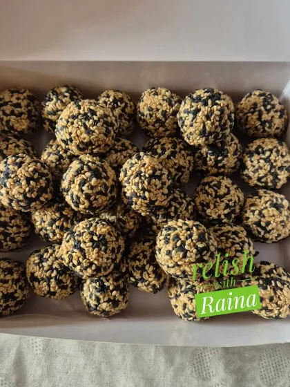 For a unique flavor and look, I make these Til Laddoos by mixing both black and white unpolished sesame seeds with jaggery. They are a fantastic source of calcium and a wonderful, healthy treat to enjoy during the winter months.