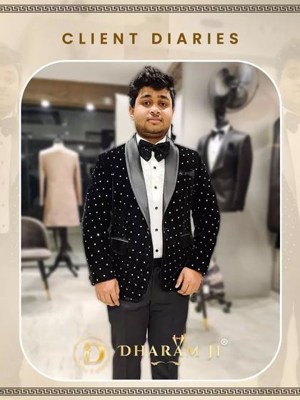 This client is ready for a party in a black velvet tuxedo jacket with silver polka dots. A classic look with a festive twist.