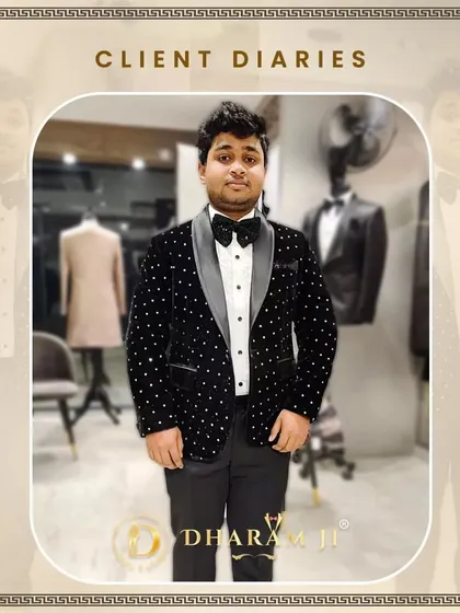 This client is ready for a party in his black velvet tuxedo with silver polka dots. The fit is perfect and he looks full of confidence.