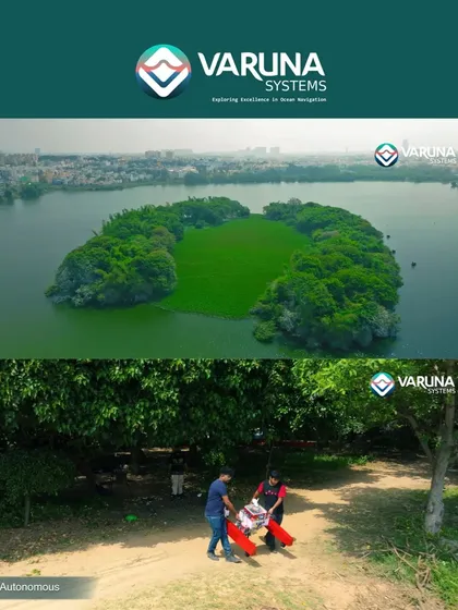 An aerial shot showcasing a rescue simulation by Varuna Systems, demonstrating the practical application of their autonomous technology in a real-world scenario.