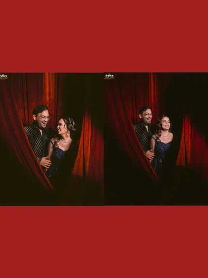 A playful peek through the curtains. We love finding creative angles to capture the couple's chemistry during their sangeet.