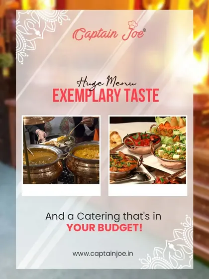 We offer a huge menu with exemplary taste, all within your budget. This graphic highlights our delicious food offerings in traditional copper serving pots, emphasizing both quality and value.