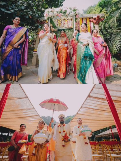 The grand entries of the bride and groom, each surrounded by their family. These moments are full of anticipation and tradition, like the Kashi Yatra ritual.