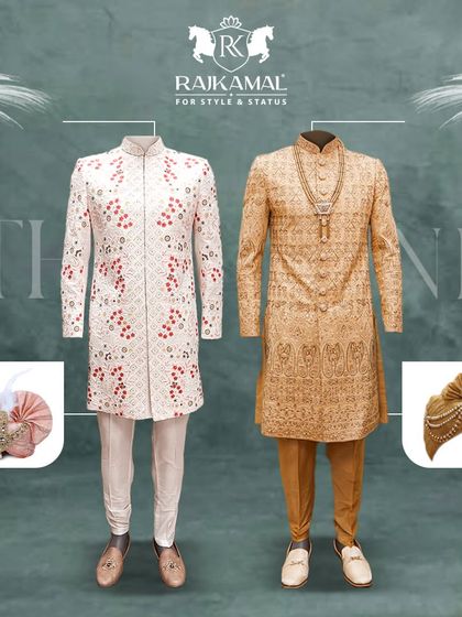 A showcase of two of my most popular groomswear looks. On the left, a floral embroidered white sherwani, and on the right, a classic gold sherwani, both complete with matching turbans.