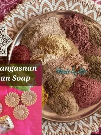 A look at the rich, herbal powders that go into my Abhyangasnan Ubtan Soap. I source high-quality ingredients and blend them with goat milk and coconut oil for a nourishing, exfoliating cleanse.