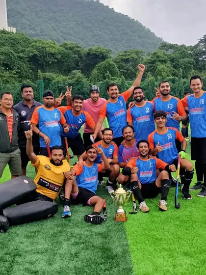 That winning feeling! Our men's team celebrating their hard-earned championship title at the 1st Anushaktinagar Monsoon Hockey Tournament. This victory reflects the team's spirit and relentless effort.
