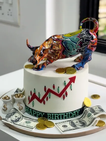 Your passions inspire my most creative work. This stock market theme cake, featuring a vibrant bull, edible money, and a rising stock chart, was crafted for a finance enthusiast's milestone birthday.