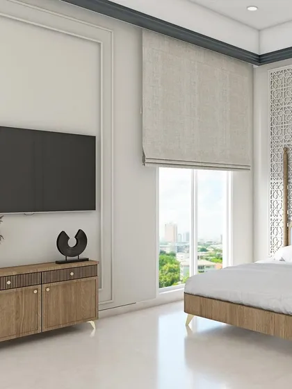 A 3D render of an upcoming guest bedroom project. The design is inspired by Mediterranean aesthetics, with a pastel blue headboard, jali-patterned wall panels, and light wood tones.