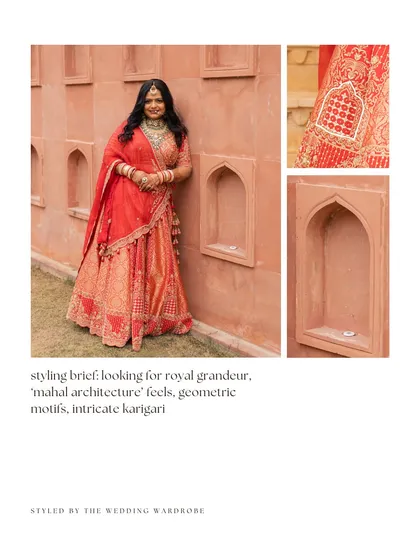 A guide to personalizing a royal wedding look for a Jaisalmer wedding. The brief was royal grandeur with architectural motifs. We incorporated these elements into the bride's rust-colored lehenga and timeless Rajasthani jewelry.