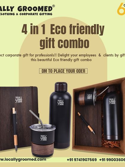 This 4-in-1 eco-friendly gift combo is a perfect corporate gift for professionals. It includes a wood-finished notebook and pen, a water bottle, and two matching tumblers with reusable straws, all presented in a wooden box.