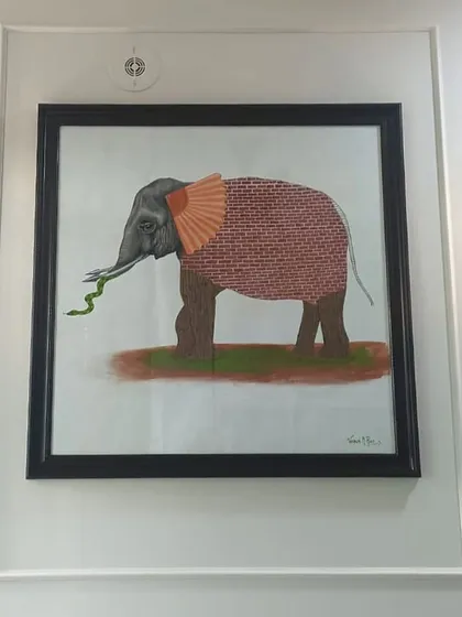 The 'Six Blind Men and an Elephant' painting, framed and displayed in the client's home.