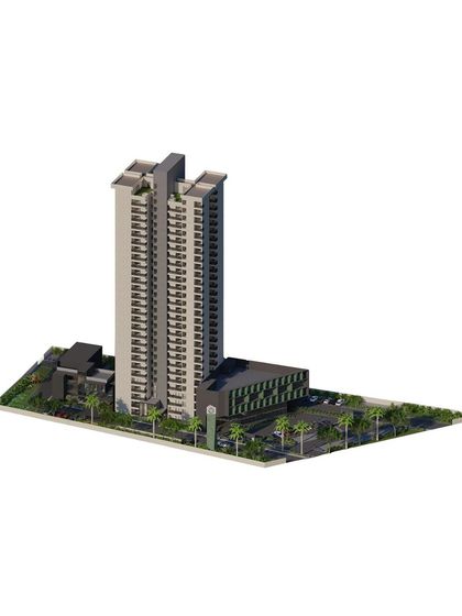 An axonometric rendering of the 29-storey mixed-use tower. This view provides a clear understanding of the project's overall massing and the relationship between the tall residential block and the lower commercial and recreational components.