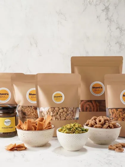 Here is a look at my range of snacks, packed and ready for your home. From savory mixtures to classic murukkus, each packet is filled with fresh, preservative-free goodness made right in my Bangalore kitchen.