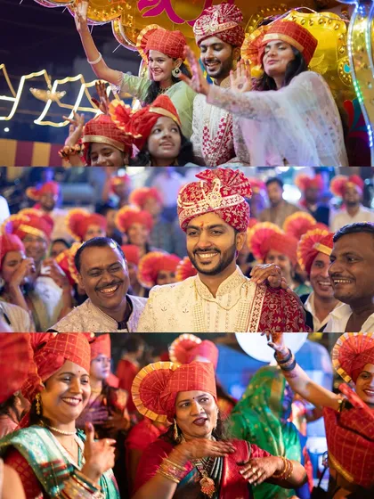 A vibrant collage from a North Indian wedding Baraat, filled with dancing, smiling faces, and the groom's joyful procession.