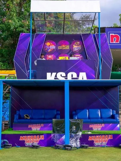 The DJ and commentary box we set up for the Karnataka Premier League. We build multi-functional structures to house all entertainment and broadcast personnel.