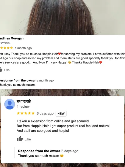 "I have suffered with thinning hair and I go our shop and solved my problem... Now I'm very Happy." Thank you for your kind words, Rindhiya!