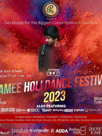 Another official poster for the Ramee Holi Dance Festival, featuring me as a key performer. These events are known for being the biggest color festivals in Mumbai.